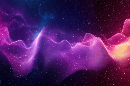 Swirling waves of pink and purple glow against a starry backdrop, creating a mesmerizing cosmic effect.の素材