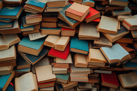 A chaotic stack of colorful books offers a treasure trove of stories and knowledge.の写真素材