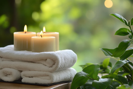 Three lit candles sit atop folded towels with lush green plants in a peaceful and calming environment.の写真素材