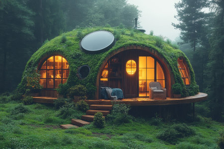 An inviting dome home is illuminated warmly, nestled among trees and greenery in a peaceful forest.の写真素材