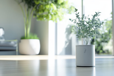 A small indoor plant enhances the aesthetic of a bright, modern living room filled with natural light.の写真素材