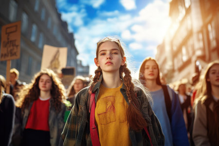 A group of young activists marches confidently in a city, advocating for climate change awareness and action.の写真素材