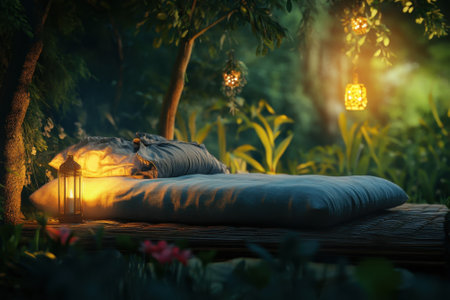 A tranquil outdoor area features a soft bed illuminated by glowing lanterns amidst vibrant plants at twilight.の写真素材