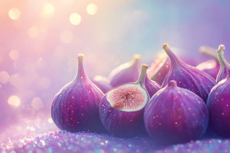 A group of ripe figs sits on a shimmering surface, illuminated by soft pastel colors and warm light.の写真素材