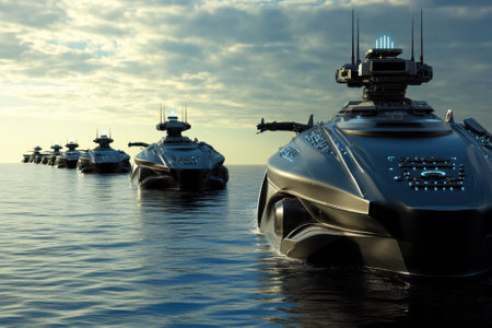 A line of advanced naval vessels sits motionless on calm water as the sun sets, illuminating the sky.の写真素材