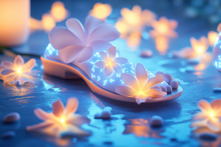 Glowing sandals adorned with flowers rest among softly lit blossoms, creating a calm, enchanting atmosphere.の写真素材