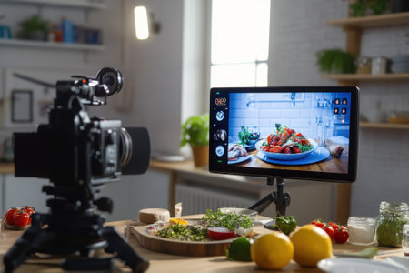 Camera and monitor display food styling of colorful dishes amidst fresh ingredients in a bright kitchen.の写真素材