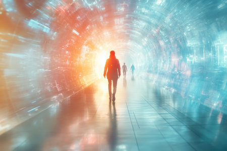 A person walks through a vibrant tunnel filled with swirling colorful lights, creating a dreamlike atmosphere.の写真素材