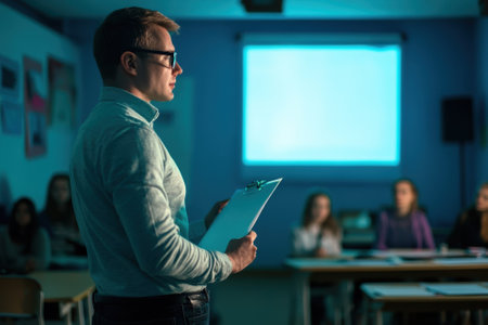 A teacher leads a presentation in a dim classroom, with students attentively focused.の写真素材
