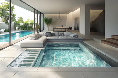 A stunning contemporary interior features an inviting indoor pool adjacent to a spacious lounge area with large windows.の写真素材