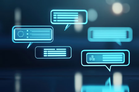 Various glowing speech bubbles illustrate online chat interactions in a modern digital environment.の写真素材
