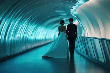 A couple in formal wear strolls hand in hand through a futuristic, softly lit corridor, creating a romantic atmosphere.の写真素材