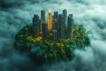 A vibrant city with tall buildings shines brightly at night, enveloped by mist and lush trees.の写真素材