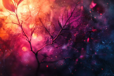 Colorful leaves blend with a luminous backdrop, creating an enchanting abstract visual effect.の写真素材