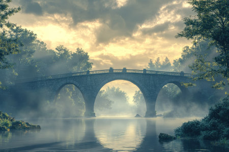 A tranquil river reflects a stone bridge as mist rises in the early morning light among the trees.の写真素材
