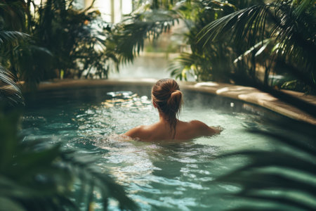 A person enjoys a peaceful soak in a tranquil indoor pool, surrounded by vibrant green plants and soft mist.の写真素材