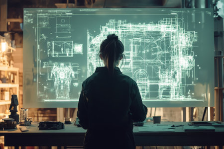 A person engaged in digital design, focusing on blueprints and sketches in a contemporary workspace during twilight.の写真素材