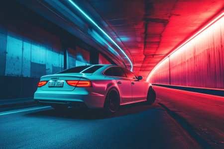 A sleek car is parked in a colorful, illuminated tunnel showcasing striking blue and red lights.の写真素材