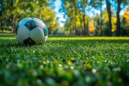 A soccer ball lies on vibrant grass surrounded by trees in a park during bright daylight, inviting play.の写真素材