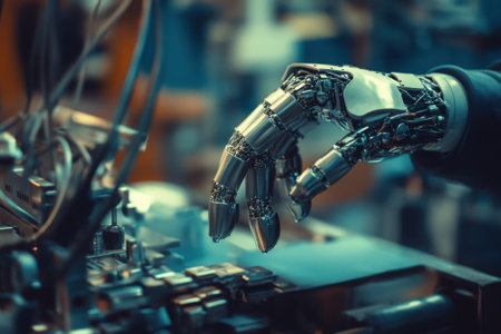 A robotic hand carefully manipulates intricate electronic parts in a modern workshop setting.の写真素材