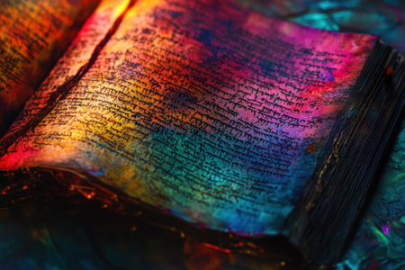 An ornate manuscript sits on a reflective surface, vibrant colors illuminating its intricate text and designs.の写真素材