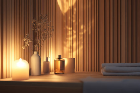 Warm light illuminates a tranquil spa environment featuring essential oils, candles, and soft towels.の写真素材