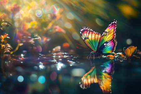 A butterfly with brilliant colors lands gently on a water surface, reflecting the surrounding flowers and sunlight.の写真素材