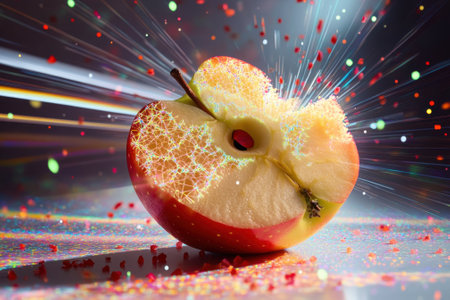 A red apple bursts open, revealing bright yellow flesh and emitting colorful sparks, creating a lively visual effect.の写真素材