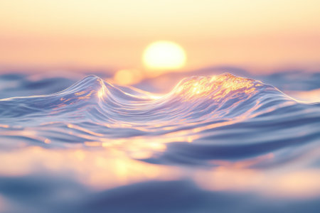 Soft waves gently illuminated by a glowing sunrise create a tranquil and peaceful seaside view.の写真素材