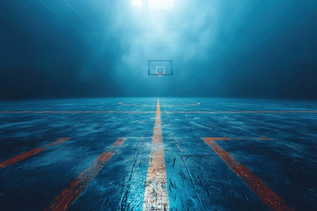 The basketball court features bright lighting and vibrant court markings, surrounded by a misty ambiance.の写真素材