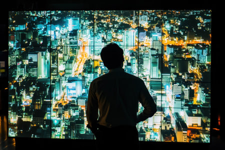 A person stands in front of a large screen showing a stunning illuminated city skyline at night.の写真素材