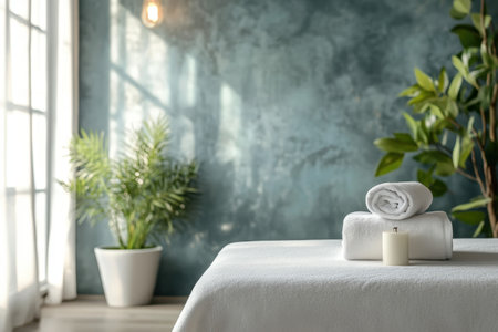 A tranquil spa setting showcases rolled towels and a candle on a table, surrounded by plants and sunlight.の写真素材