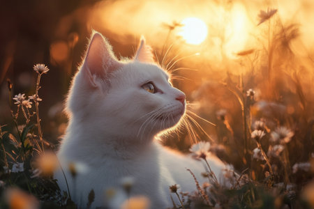 A white cat relaxes in a field of flowers as the sun sets, creating a warm and serene atmosphere.の写真素材