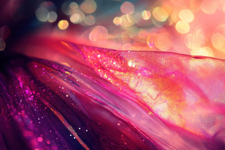 Delicate fabric layers intertwine, reflecting light and creating a stunning, colorful visual display.の写真素材