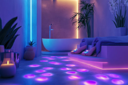 Soft purple lights illuminate a tranquil spa area with a modern bathtub and comfortable seating.の写真素材
