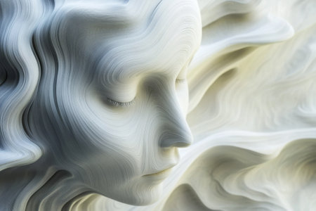 Sculpture features a tranquil face with wave-like textures, creating a sense of peace and fluidity in the design.の写真素材