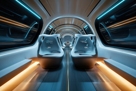 Interior of a modern transport vehicle with innovative seating, illuminated pathways, and unique design features.の写真素材