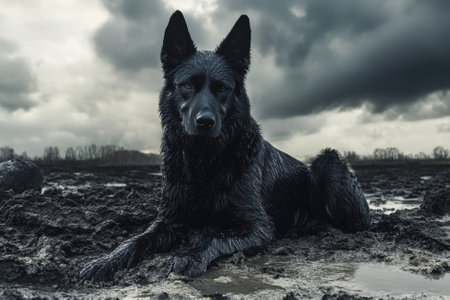 A black dog lies in muddy ground with a serious expression, surrounded by dark, cloudy skies.の写真素材