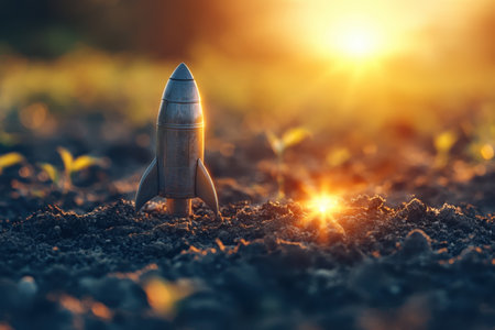 A metallic rocket model is positioned in dark soil, bathed in warm sunset light with young plants nearby.の写真素材