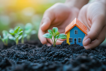 Hands are gently placing a small house model in soil next to emerging green seedlings under sunlight.の写真素材