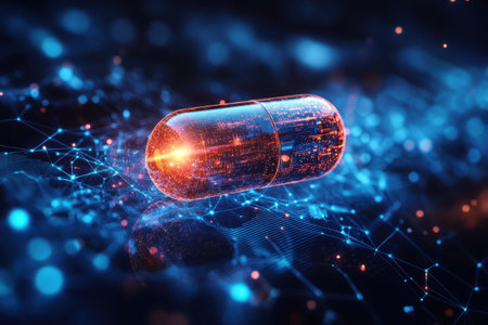 A digital capsule emits light while hovering over an intricate network of bright connections.の写真素材