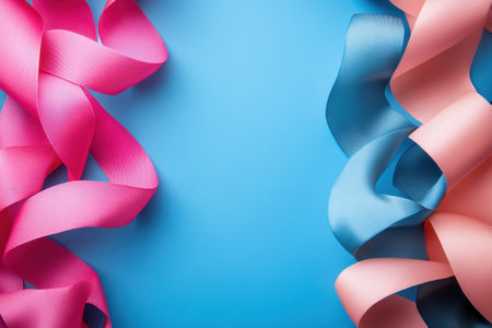Bright pink, blue, and peach ribbons create a vibrant display suitable for crafting projects.の素材
