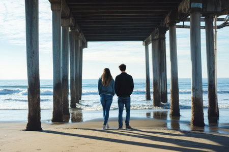 Two people stand close together beneath a pier, looking out at the calming ocean waves during sunset.の写真素材
