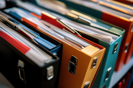 A collection of colorful folders and binders organized neatly on a desk in an office workspace.の写真素材