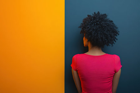 A woman with curly hair faces away, highlighting her vibrant red shirt against bold colors.の写真素材