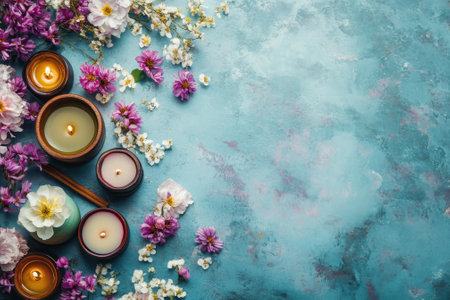 Colorful flowers surround lit candles, creating a calming and inviting atmosphere on a blue surface.の写真素材