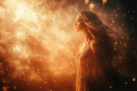 A woman exudes grace in a sparkling gown, surrounded by a luminous cloud of warm light and particles.の写真素材