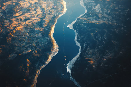 The river meanders through mountains, reflecting the soft light of dawn, with boats visible in the water.の写真素材