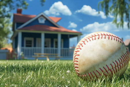 A baseball sits on lush grass by a blue house under a sunny sky with fluffy white clouds.の写真素材