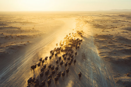 A herd of animals traverse a dry desert trail, stirring up dust during a warm sunset, highlighting their movement.の写真素材
